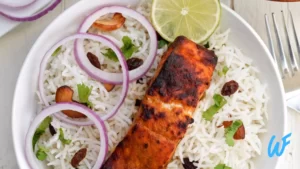 Read more about the article GRILLED TANDOORI SALMON WITH CUCUMBER RAITA RECIPE