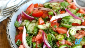 Read more about the article TOMATO AND CUCUMBER SALAD WITH MINT DRESSING RECIPE
