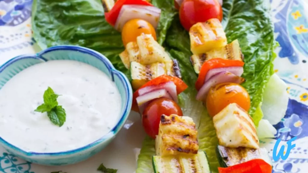 GRILLED VEGETABLE KEBABS WITH MINT YOGURT DIP