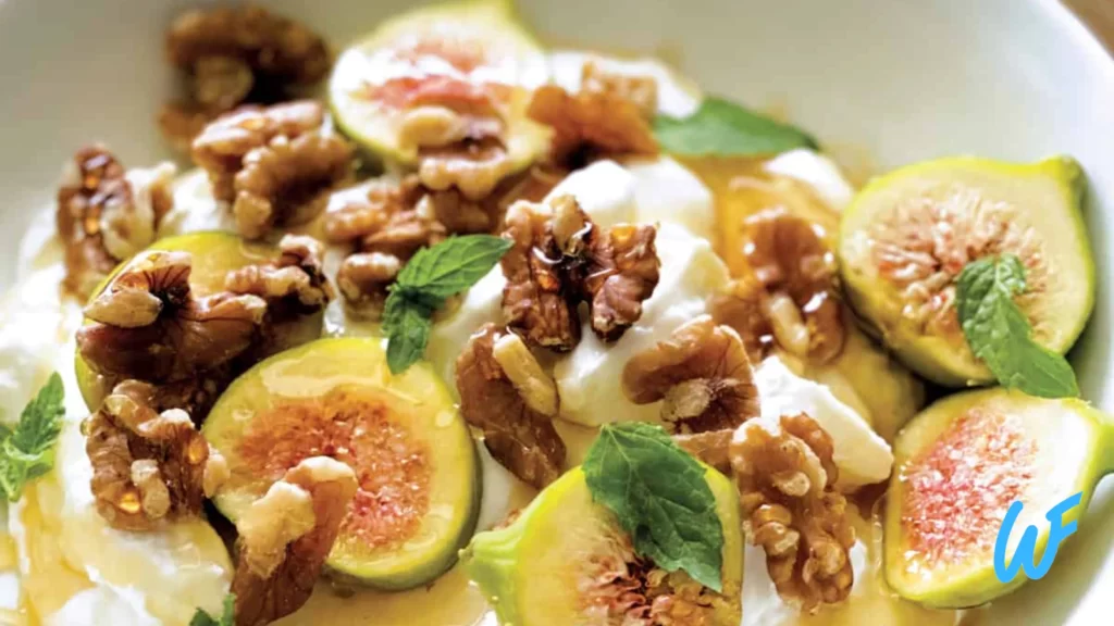 Greek yogurt with turkey slices and nuts