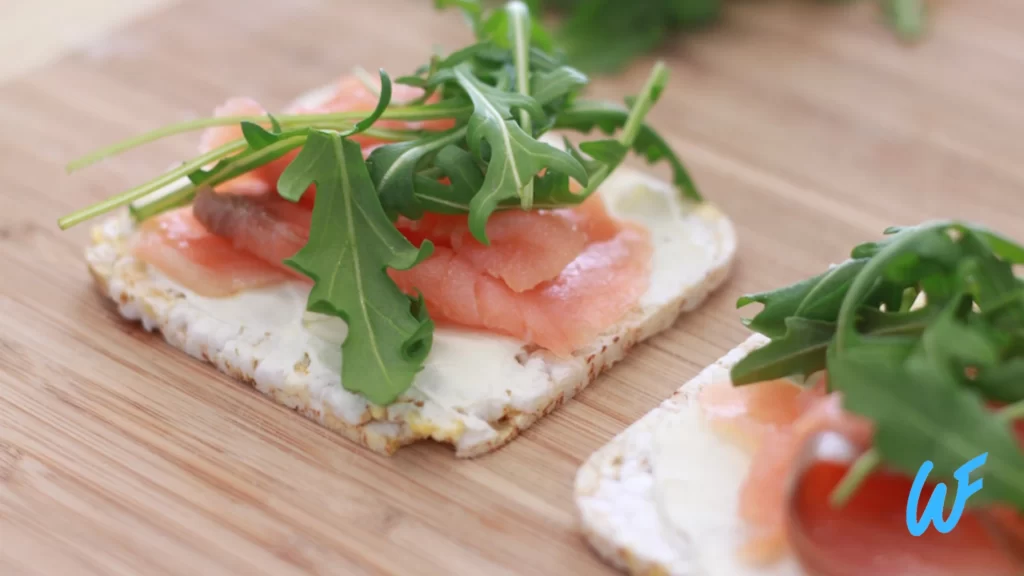 Smoked salmon and cream cheese on rice cakes.